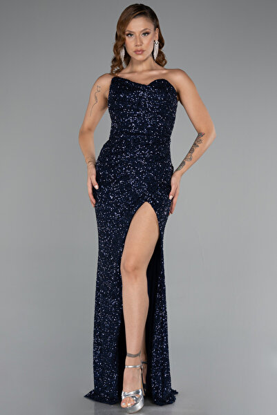 Abiyefon Lacivert Straplez Yırtmaçlı Uzun Pul Payet Abiye Elbise ABU5166