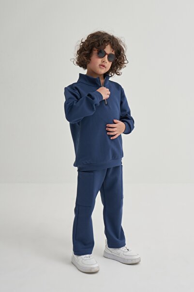 EBU Prive Unisex Children's Interlock Half Zipper Sweat Navy Blue