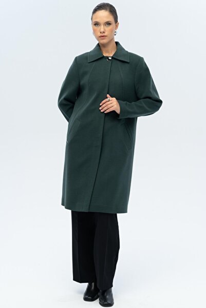 Olcay Shirt Collar Punto Detailed Plus Size Coat Green 3117