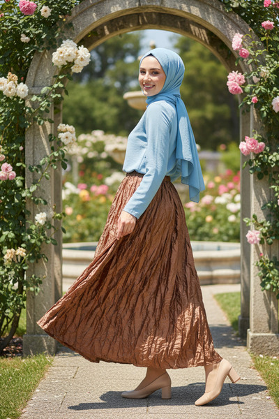 N.S NEVA STYLE Wrinkled Tan Hijab Skirt 9227Tb