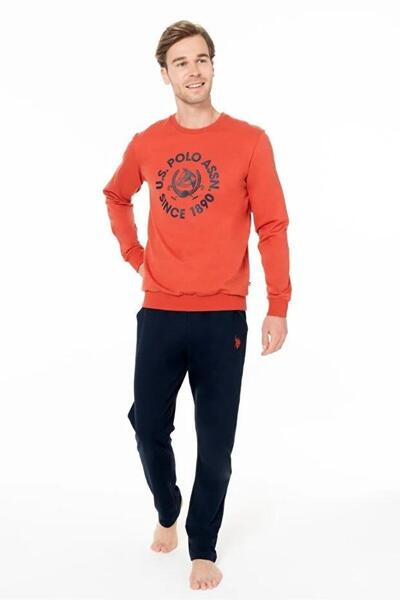U.S. Polo Assn. Men's Brick Color Long Sleeve Crew Neck Straight Leg Pajama Set C0T4N981