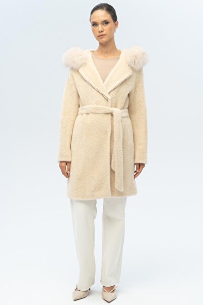 Olcay Plush Coat with Fur Hood and Pearl Detail Beige 3097-Tk