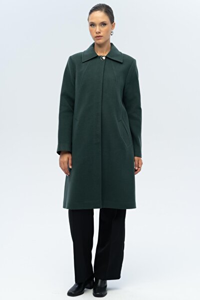 Olcay Shirt Collar Punto Detailed Plus Size Coat Green 3117
