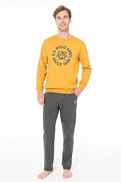 U.S. Polo Assn. Set de pijamale pentru bărbați, culoare muștar, cu mâneci lun...