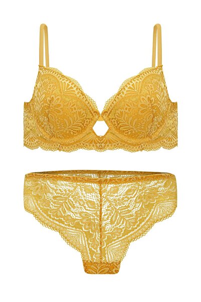Wonna Lace Low-Cut Bra Panty Set Push Up, 2451 Mustard
