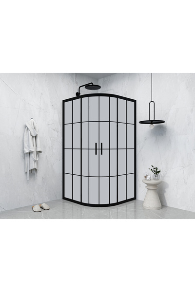 PointPro Point Duşakabin130 X 130 Oval Karolaj Komple Kumlama Cam Kabin 2 Sabit 2 Sürgü Siyah Profil 6mm