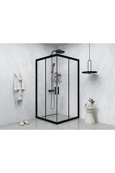 PointPro Point Duşakabin 120 X 120 Şeffaf Cam Kare Köşe Girişli Kabin Siyah Profil 6mm