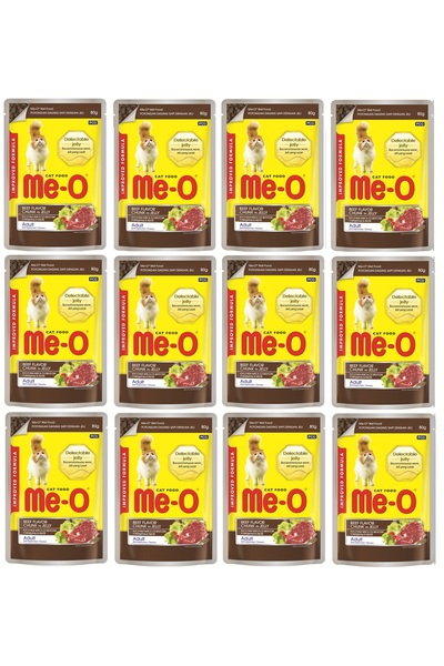 me-o كيس طعام القطط البالغة قطع لحم بقري في جيلي 80 جم × 12 - علبة واحدة
