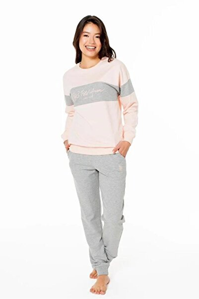U.S. Polo Assn. Women's Salmon Color Long Sleeve Crew Neck Color Block Elastic Leg Pajama Set C2T2N102