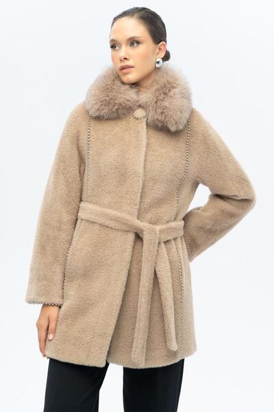 Olcay Çıkabilir Kürklü İnci Detaylı Peluş Kaban VİZON 3098-TK