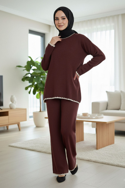 N.S NEVA STYLE Set dublu de tricotaje maro Hijab 50174KH