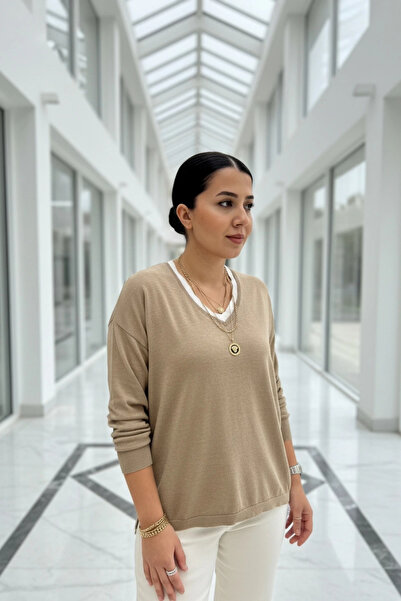 Bİ.GİYSEN Women's Beige V-Neck Collar Double Color Cotton Knit Lycra Thin Knitwear Buluz