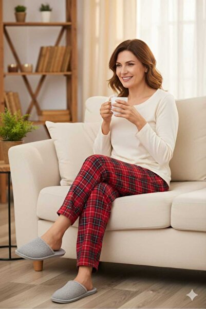 miadora cotton Kadın %100 Pamuklu Rahat Beli Lastikli Ekose Desenli Pijama Altı