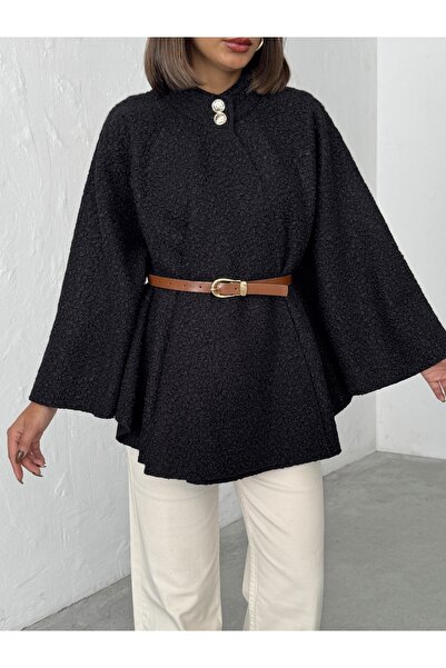 BEJNA Schwarzer Damen-Poncho aus Bouclé-Stoff mit Knopfdetail und Gürtel