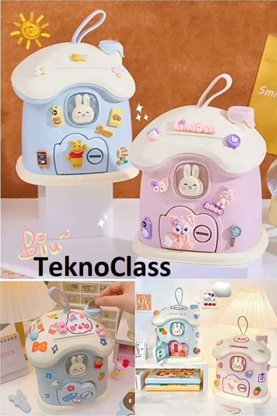 Canderel Sevimli Kawai Tarz Mavi Renk Ev Baca Kumbara Kilitli Para Kumbarası Sticker HEDİYELİ