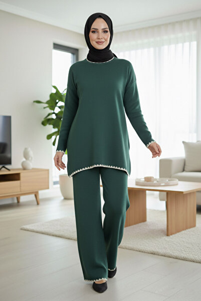 N.S NEVA STYLE Σμαραγδένιο Πράσινο Τεσσάρτο Πλεκτό Σετ Δύο Τεμάχια 50174ZY