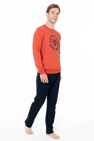 U.S. Polo Assn. Men's Brick Color Long Sleeve Crew Neck Straight Leg Pajama Set C0T4N981