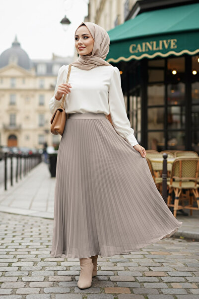 N.S NEVA STYLE Pleated Beige Hijab Skirt 92161Bej