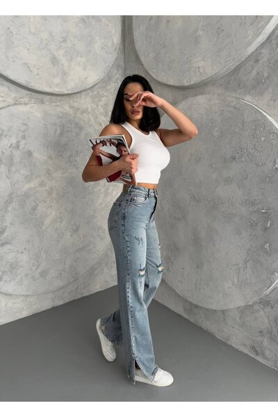ADAMODA.RO Τζιν καμπάνα με πλαϊνά σκισίματα