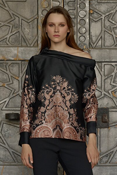 FEVER Asimetrik yaka detaylı etnik desenli bluz