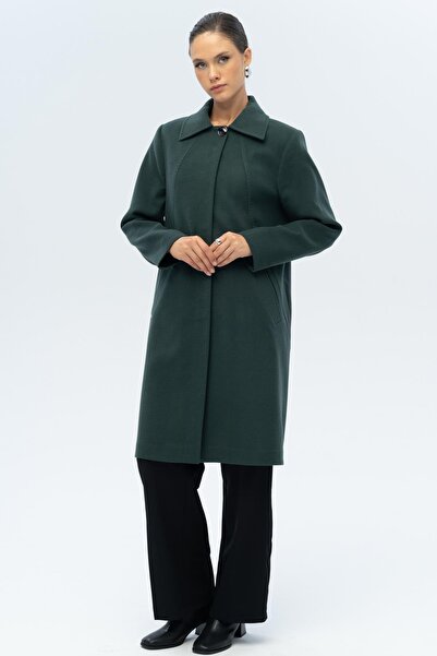 Olcay Shirt Collar Punto Detailed Plus Size Coat Green 3117