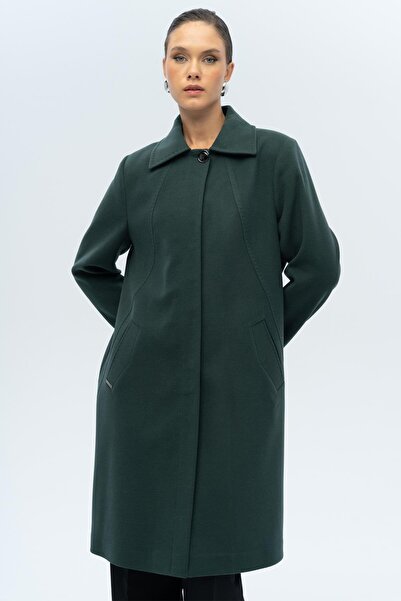 Olcay Shirt Collar Punto Detailed Plus Size Coat Green 3117