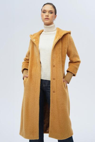 Olcay Hooded Rib Detailed Plush Coat Kamel 3118