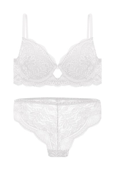 Wonna Lace Low-Cut Bra Panty Set Push Up, 2451 Ecru