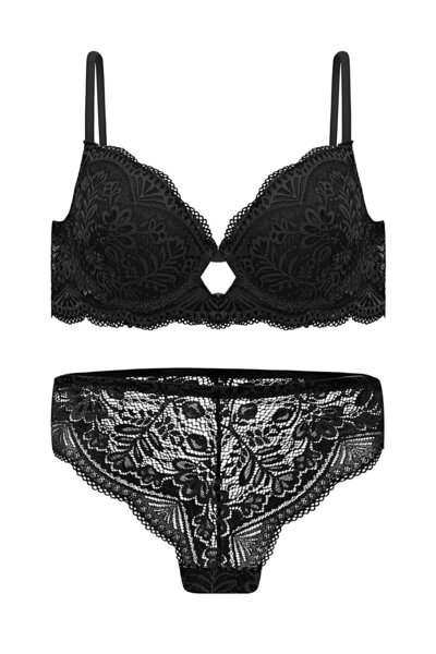 Wonna Lace Low-Cut Bra Panty Set Push Up, 2451 Black