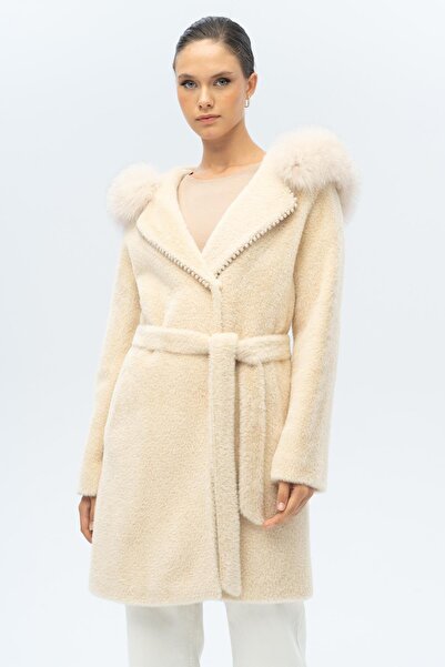Olcay Plush Coat with Fur Hood and Pearl Detail Beige 3097-Tk