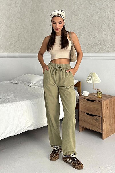 Behind Look High Waist Lace-Up 100% Cotton Comfortable Fit Light Green Straight Leg Women's Trousers