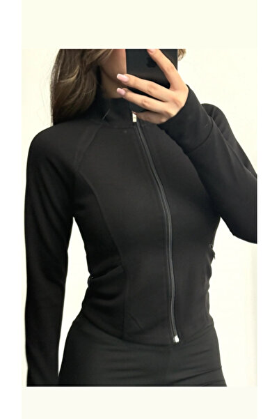 DMR Siyah Vücuda Oturan Fermuarlı Dik Yaka Spor Ceket-Parmak Geçirme Detaylı Cepli Vücudu Saran Ceket