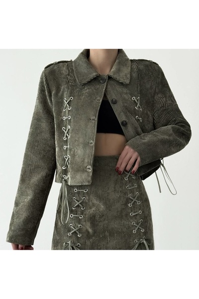 MODA Bağcıklı Kadife Fitilli Crop Ceket Haki