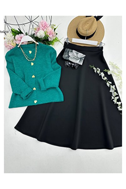 YEDİLALE Heart Buttoned Knitwear Cardigan Flawed Skirt Double Set [Cardigan Std Size, Skirt Size Included]