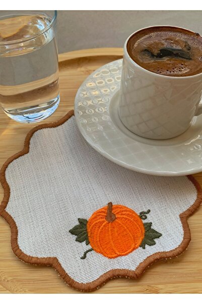 Mora Tekstil Pumpkin Embroidered, Linen Brown Presentation Napkin Set of 6, Special Design, Autumn Concept