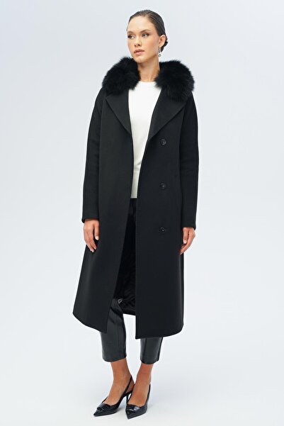 Olcay Batwing Sleeve Detachable Fur Punto Stitching Detailed Cashmere Coat Black 3120-Tk