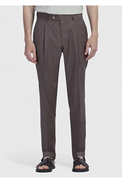 Ramsey Light Brown Plain Fabric Slim Fit Casual 100% Wool Trousers