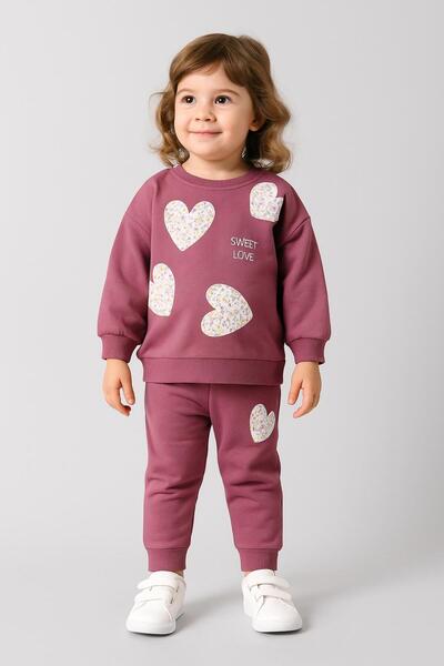 RAPAPA Girl's 3 Threaded Ribbed Heart Sweatshirt and Sweatpants Set 10710
