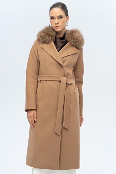 Olcay Batwing Sleeve Detachable Fur Punto Stitching Detailed Cashmere Coat Kamel 3120-Tk
