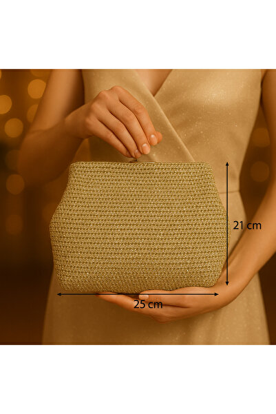 CHANCE GİFT Kadın Işıltılı Parlak Gold Çanta Örme Kağıt İp Düğün Davet Özel Gün Şık Clutch Çanta 25 Cm