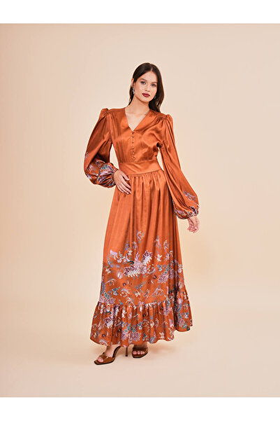 SERPİL Saten Görünümlü Uzun Kollu Desenli Şık Kadın Elbise 50935