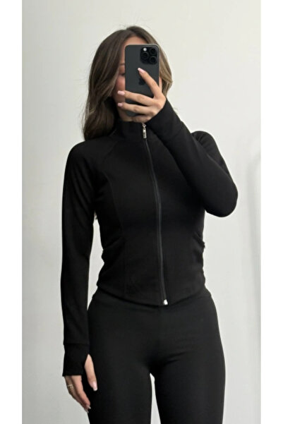 DMR Siyah Vücuda Oturan Fermuarlı Dik Yaka Spor Ceket-Parmak Geçirme Detaylı Cepli Vücudu Saran Ceket