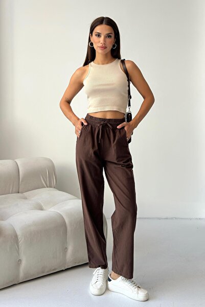 Behind Look High Waist Lace-Up 100% Cotton Comfortable Fit Brown Straight Leg Women's Trousers