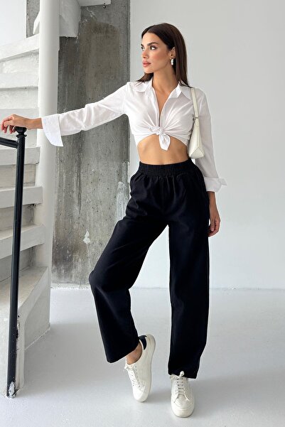 Behind Look Gabardine High Waist 100% Cotton Straight Leg Black Trousers