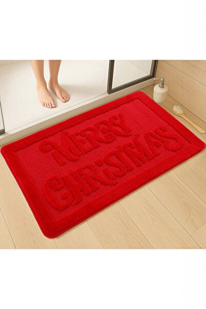 Konfor Halı Doğal Kaymaz Taban Banyo Paspas Uzun Ömürlü Su Emici Yıkanabilir Yazılı Paspas Merry Kırmızı 60x100