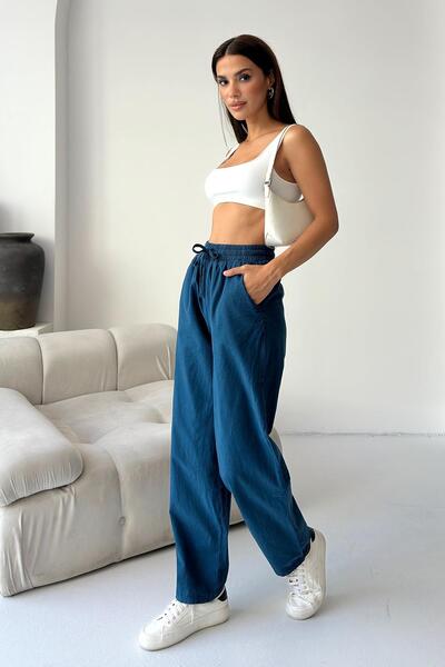 Behind Look High Waist Lace-Up 100% Cotton Comfortable Fit Saks Blue Straight Leg Women's Pants