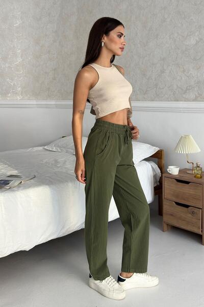 Behind Look High Waist Lace-Up 100% Cotton Comfortable Fit Khaki Straight Leg Women's Trousers