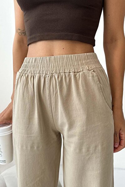 Behind Look Gabardine High Waist 100% Cotton Straight Leg Beige Trousers