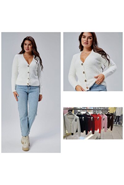 AybarsStore سترة نسائية قصيرة من التريكو بياقة على شكل حرف V