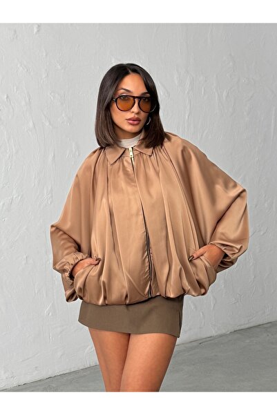 BEJNA Women's Beige Satin Surface Oversize Bomber Jacket
